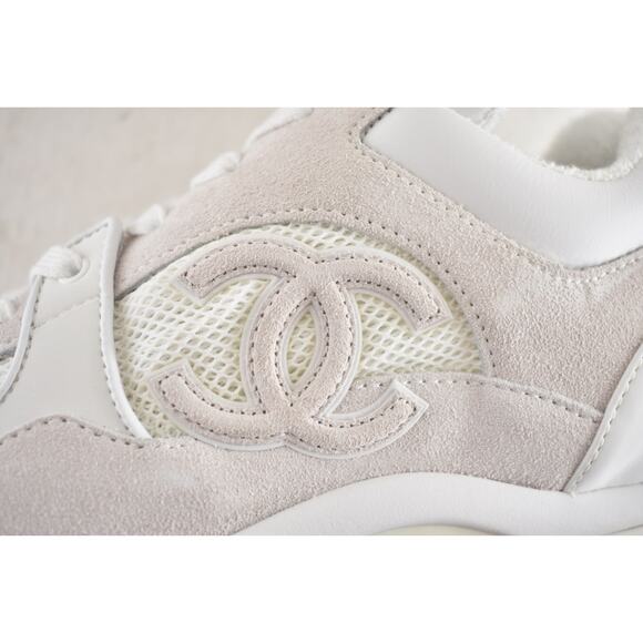 Chanel 20P Mens Triple White Mesh CC Logo Low Top Runner Trainer Sneaker 44 11 - Picture 11 of 13